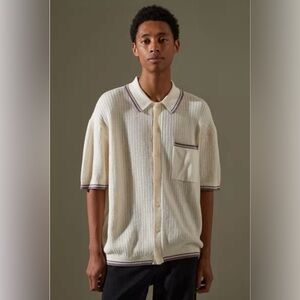 Standard Cloth Button Up Polo Sweater Sz L Knit Ecru Shirt Mens Y2K Retro Dressy
